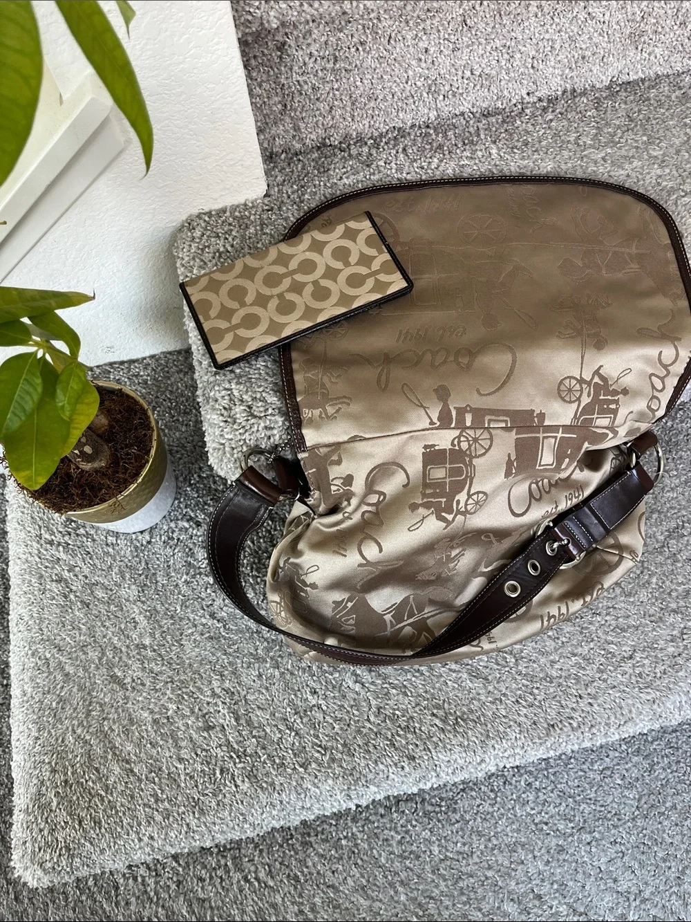 Coach Beige Signature Carriage Crossbody with Pink Lining